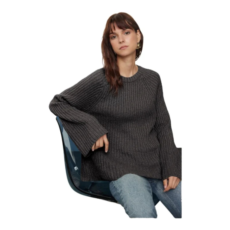 Trendyol TYZA Damen-Pullover, lässig, Übergröße, Rundhalsausschnitt, einzelnes Nummernschild, einfarbig, Strickwaren, Pullover mit Standardärmeln und Pullover