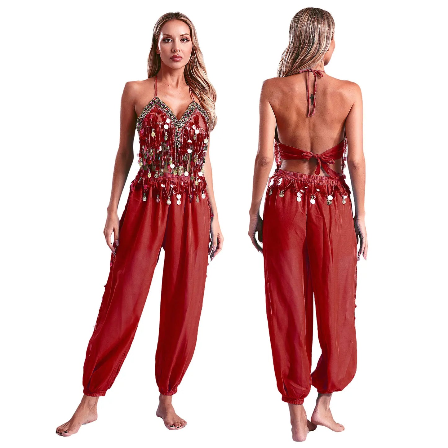 Damen Bauchtanz Outfit Pailletten Tops mit Harems hosen Halloween Kostüm Bollywood indischen Tanz Bühne Performance Kostüm