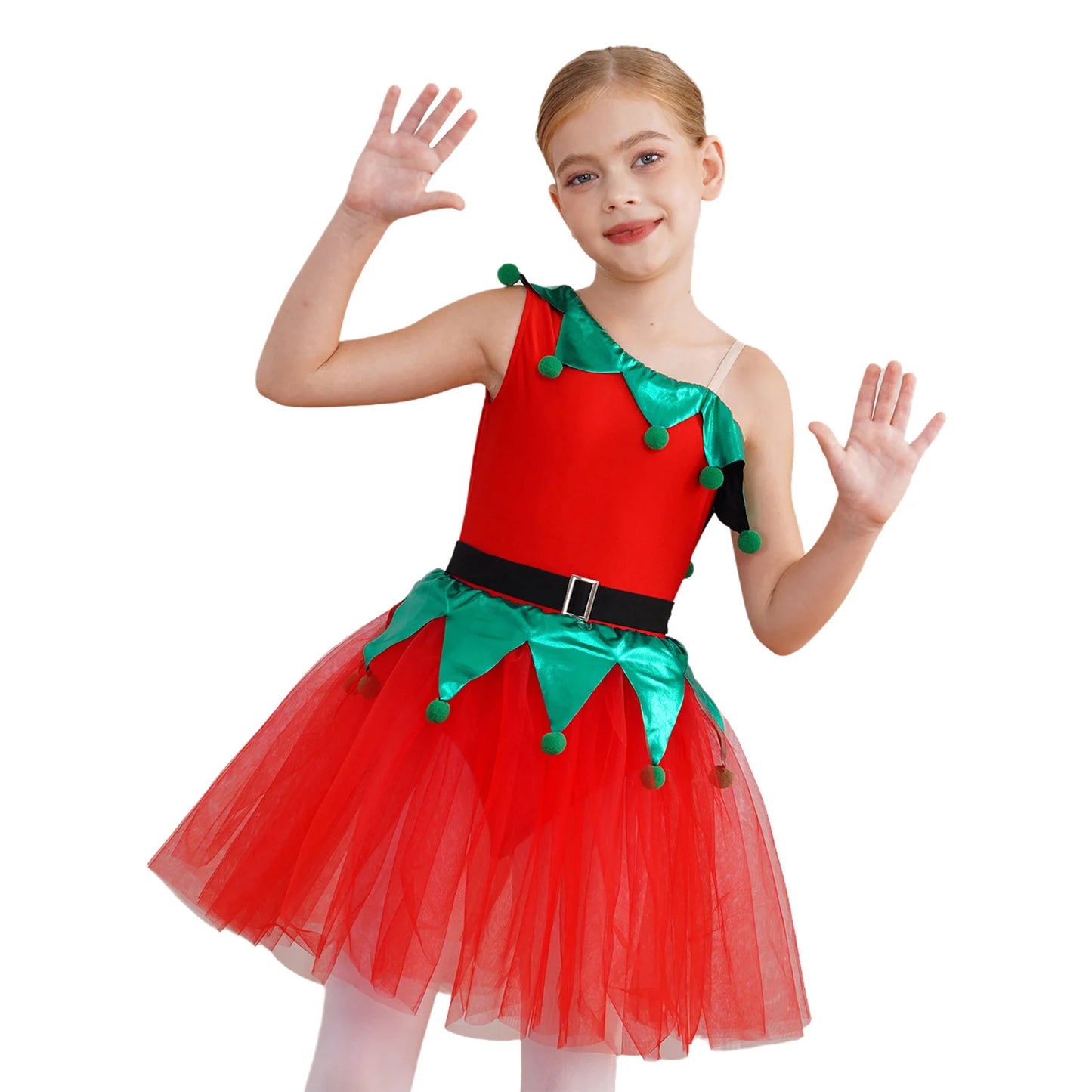 Kinder Mädchen eine Schulter Weihnachten Tanz Tutu Kleid Trikot Weihnachten Urlaub Party Santas Helfer Festivals Performance Kostüm