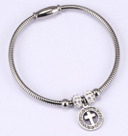 Charm  Bracelet Cross Stainless Steel Beaded Bracelets Handmade Men Women Prayer Fitness Chain Couple Jewelry Gift
