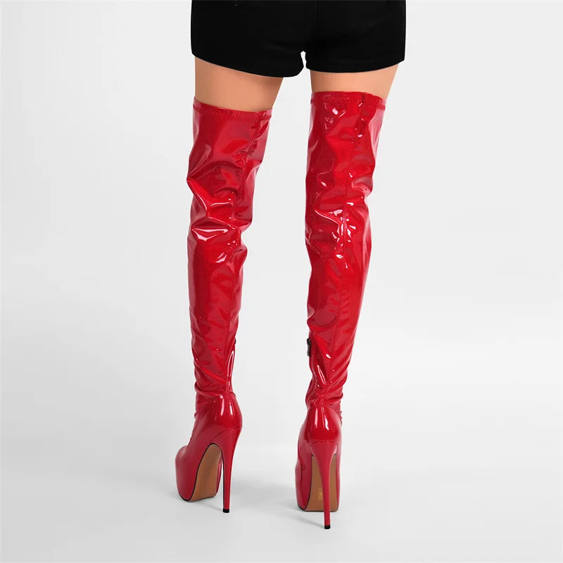 Only maker Frauen schwarz über dem Knie Stiefel Lack leder dünne High Heel Reiß verschluss weibliche Winter sexy Lady Stiefel