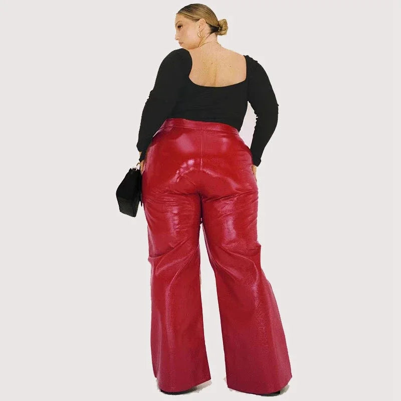 Plus Size Damen Glänzende Lacklederhose 7XL Hohe Taille Faux Latex Gerade Hose 8XL mit Tasche Flare Hose 9XL Clubwear