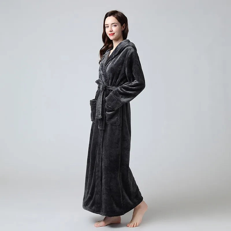 Extra lange Winter Korallen Fleece Bademantel Frauen Kapuze warme Kimono Bademantel gemütliche Kimono Dusch roben lose Peignoirs Nachthemd