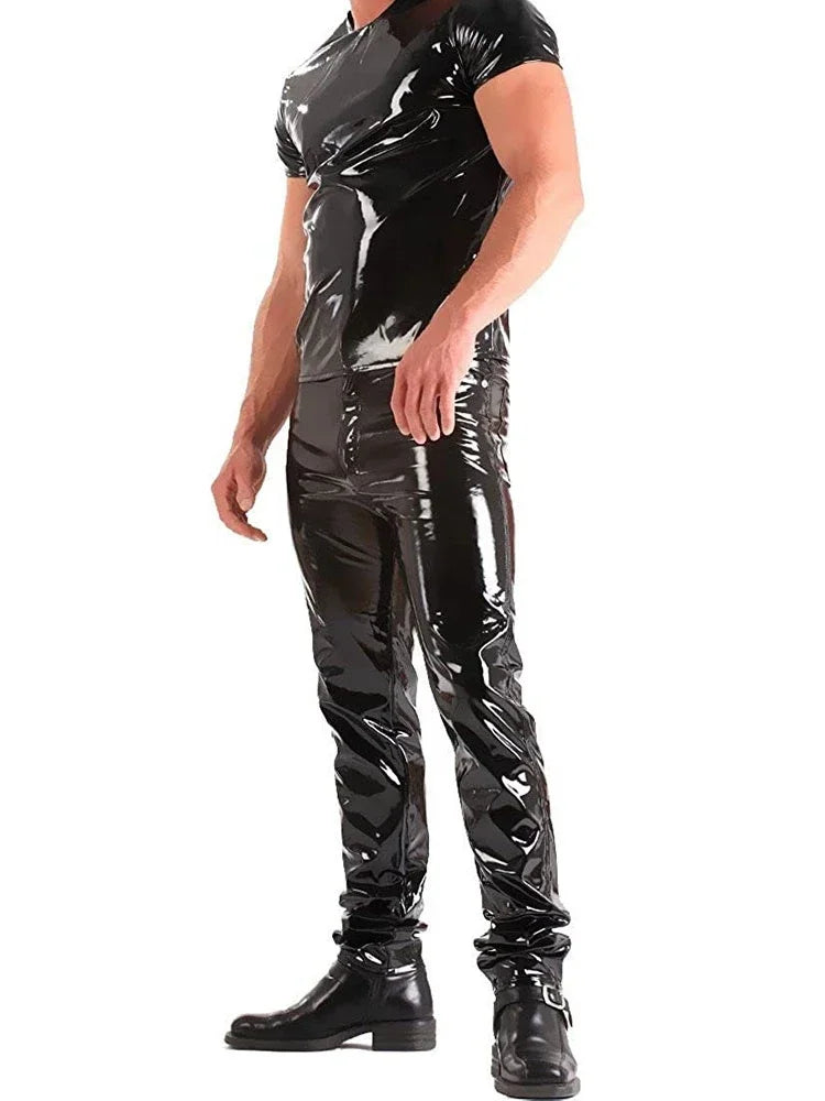 Men's Shiny Patent Leather Pants Mid Waist Faux Latex Trousers Wet Look Stretch PU Bodycon Pants Man PVC Clubwear Costume Custom