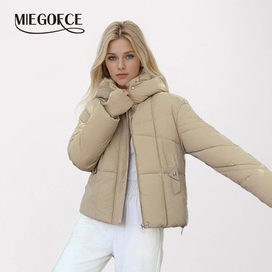 MIEGOFCE Frühling Herbst Kurze Frauen Jacke Große Tasche Stehkragen Mit Kapuze Mantel Warme Gestrickte Gewinde Hülse Parka MZ-24585