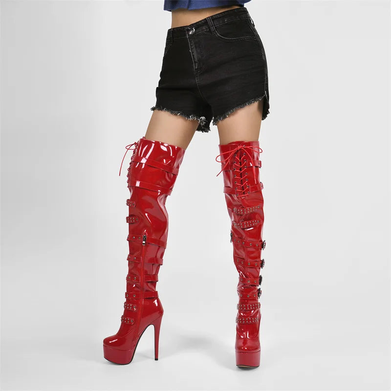 Only maker Frauen Plattform Stiletto rot über dem Knie hohe Stiefel Seite Reiß verschluss Lack leder Mode sexy Winter weibliche Stiefel