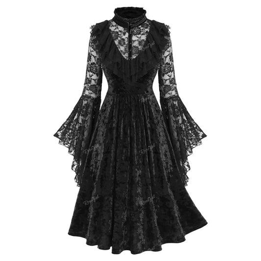 Rosegal Plus Size Gothic Party Kleider Blumen Spitze Panel Flare Ärmel Rüschen Samt Knöpfe Kleid Frauen Herbst Vestidos