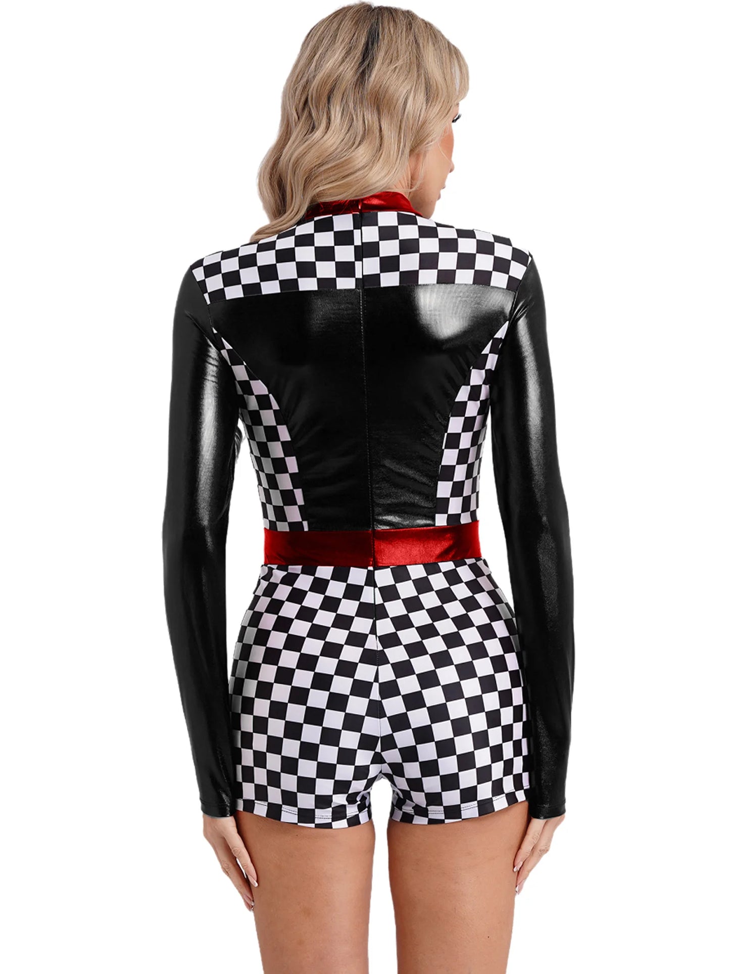 Womens Speed Car Driver Kostüm Halloween Racer Pullover Langarm Metallic Bodysuit Overall Cosplay Party Kostüm