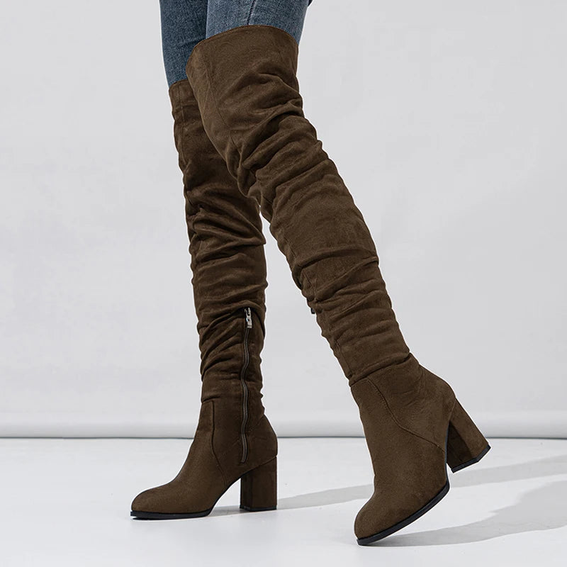 Liyke 2024 Herbst Winter schwarz braun über dem Knie Stiefel Frauen sexy spitzen Zehen Reiß verschluss Oberschenkel hohe Schuhe quadratische Absätze Stiefeletten femme