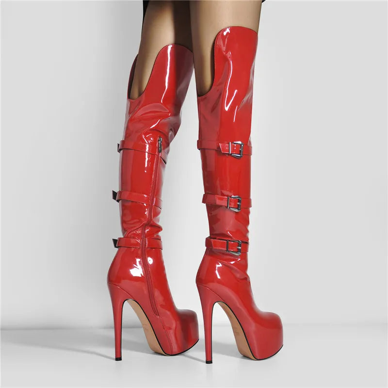 Only maker Frauen Plattform runde Zehen Stiletto Seite Reiß verschluss über dem Knie hohe Stiefel Lack leder rot Mode sexy Winters tiefel