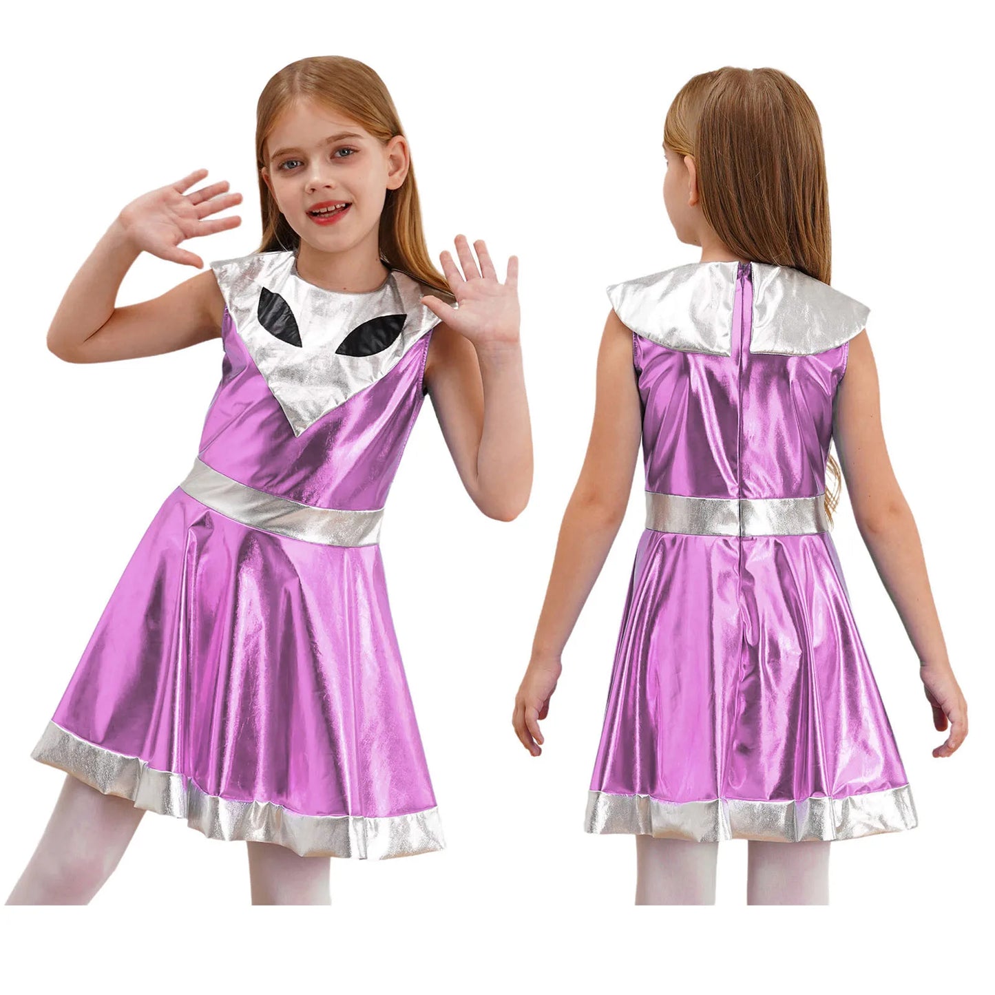 Kinder Mädchen Galaxy Outer Space Cutie Kostüm Halloween Alien Shiny Metallic A-Linie Kleider für Karneval Festivals Cosplay Party