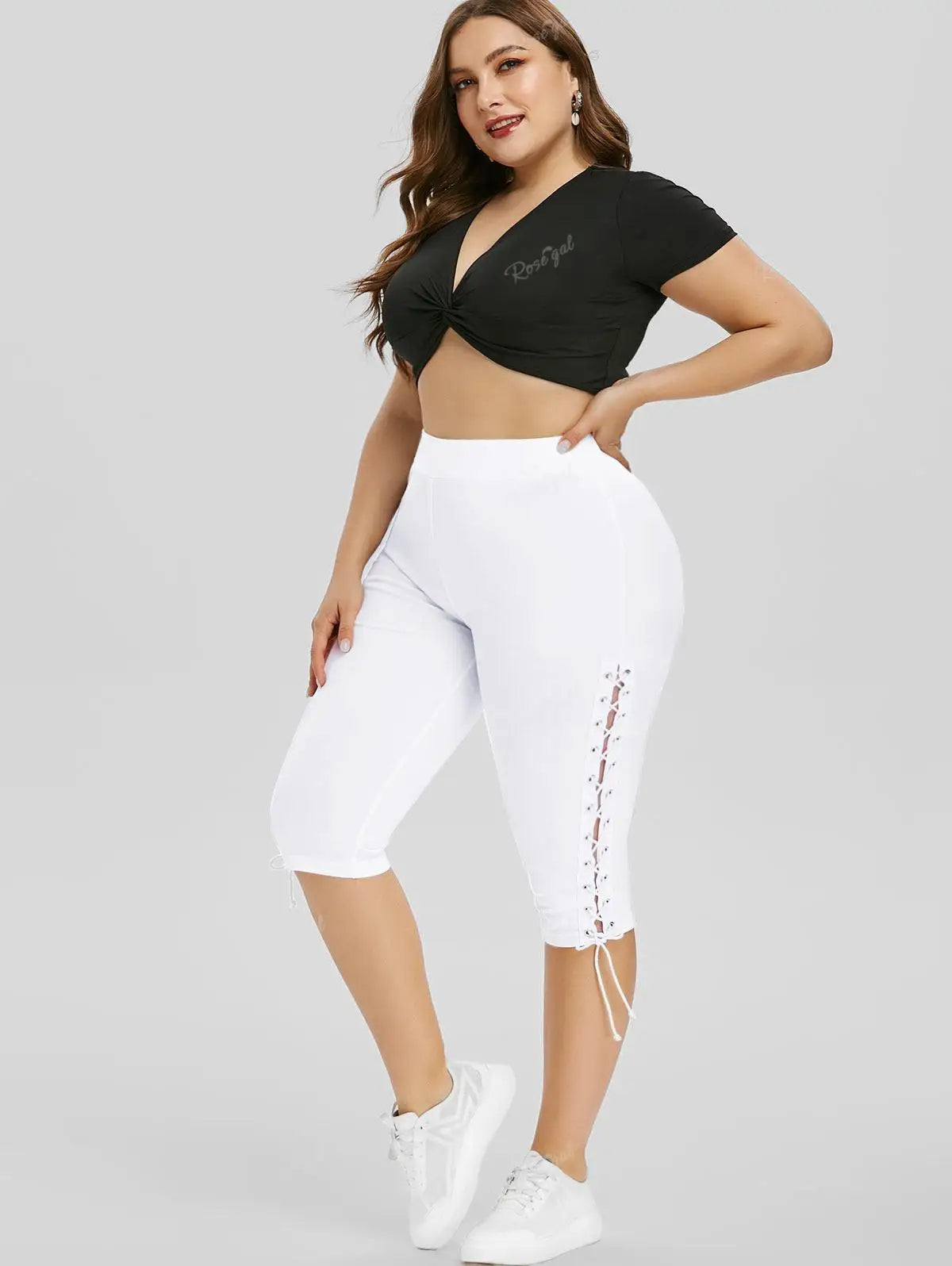 ROSEGAL Plus Size Damen Lässige Seitens chnürung, hohe, dehnende, kurz geschnittene Hose, weiße Capri hose