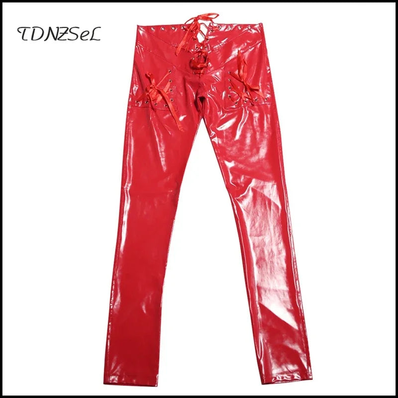 Sexy niedrige Taille exotische Latex Lederhose Reiß verschluss rote Pu Hose Schnür loch Tanz Bodycon nahtlose Leggings Wetlook benutzer definierte