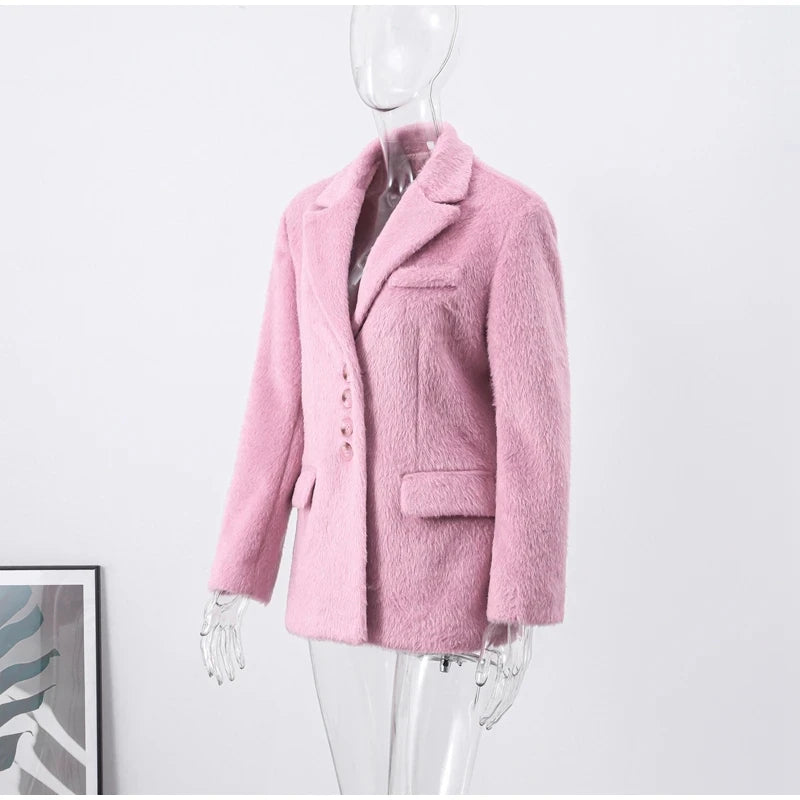 Trafza Frauen Mode Plüsch Blazer elegante solide y2k Frauen Langarm Einreiher Anzug Mantel Frühling weibliche Freizeit jacken