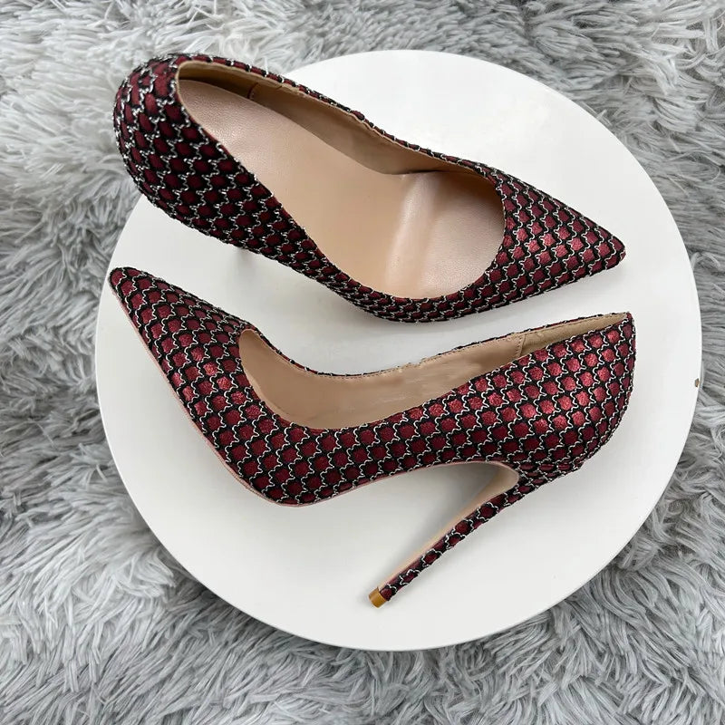 NoEnName_Null-2023 High Heeled  ,Women's  Shoe Woman Sexy Rhinestone Lace Heels,Pointed toe claret sexy 12cm