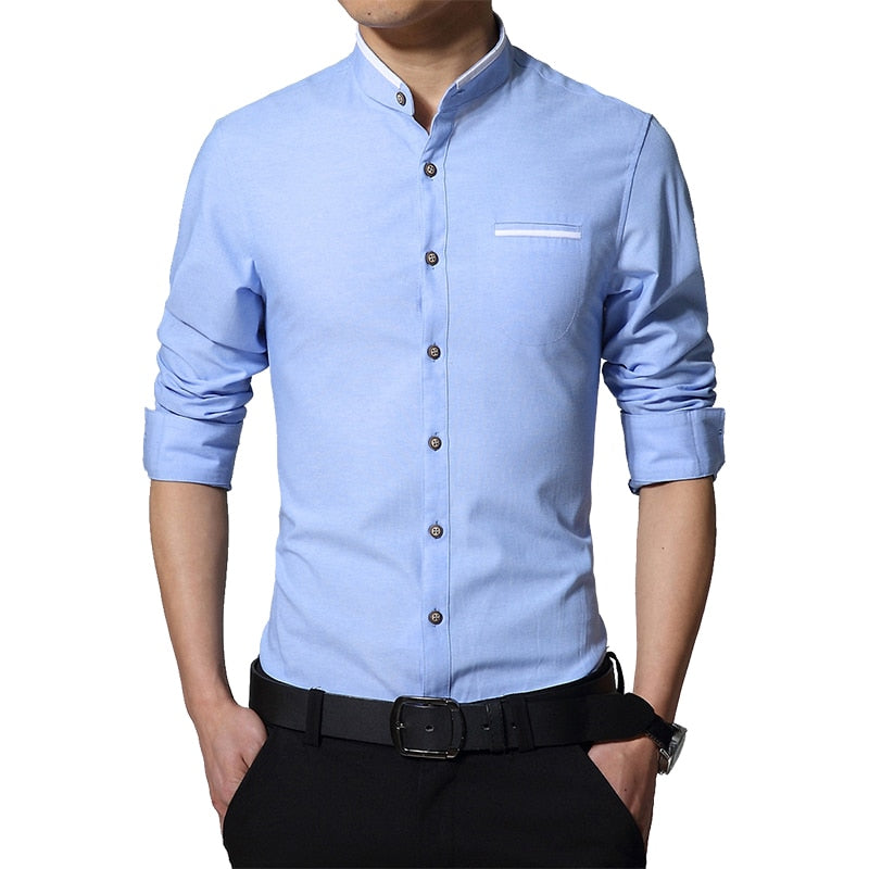 New Shirt Men Casual Long Sleeve Mandarin Collar Slim Fit Shirts Fashion Mens Business Dress Shirts Four Searsons Plus Size 5XL