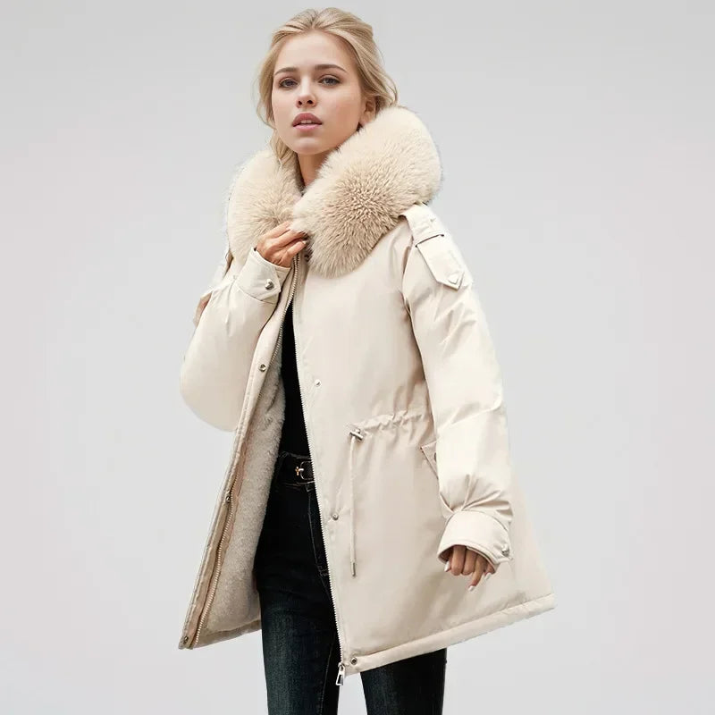 Frauen Parka Mode Lang mantel Wolle Liner Kapuze Parkas 2024 neue Winter jacke schlank mit Pelz kragen warmer Schnee tragen gepolsterte Kleidung