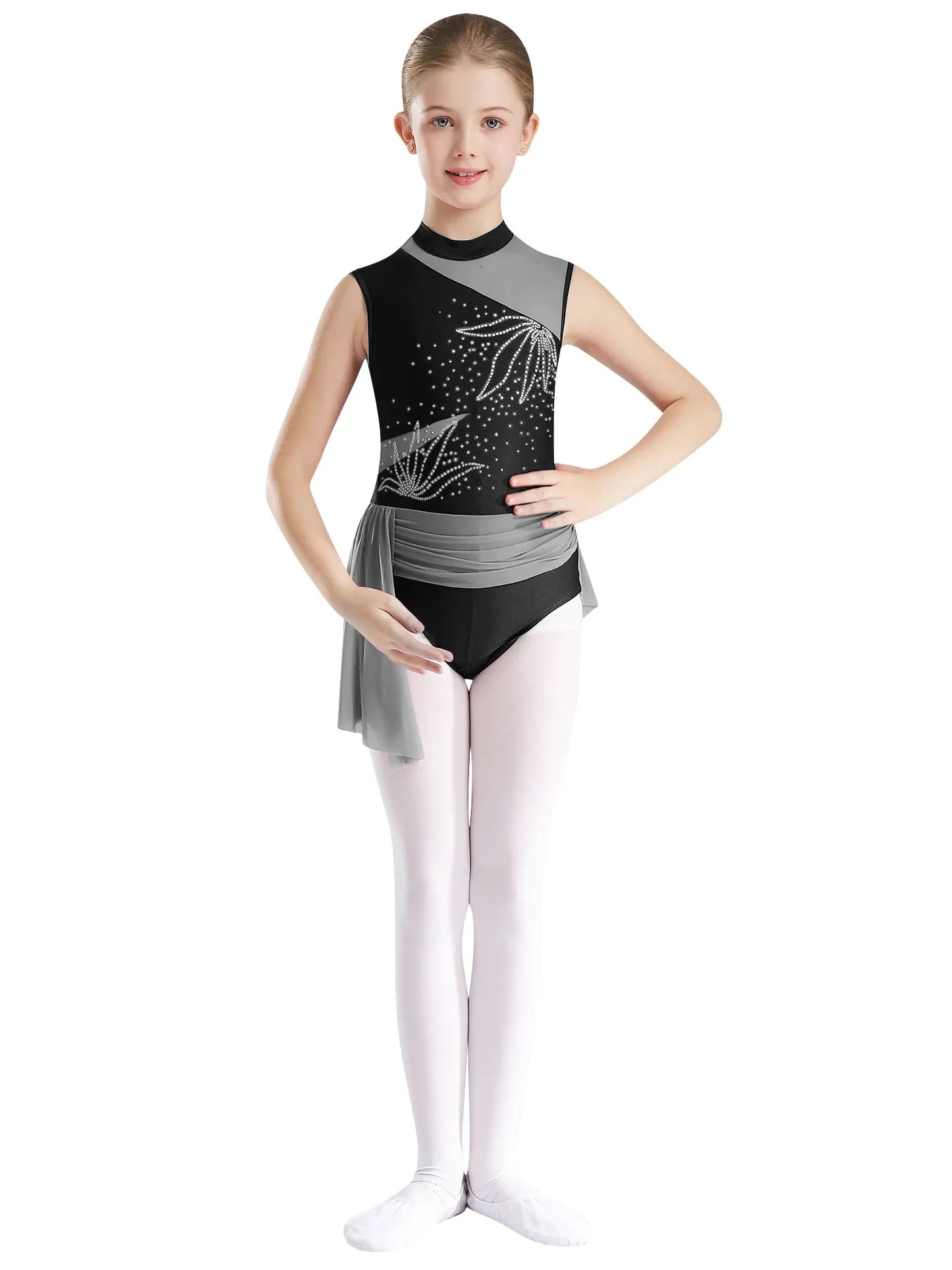 Kinder Mädchen Glitzer Strass Blumen Ballett Tanz unregelmäßiges Kleid Rocked Trikot Gymnastik Bodysuit Ballerina Dance wear