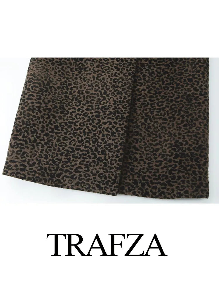 Trafza Frauen elegante Revers Tasche einreihig Design lässig schlanken Mantel Frau Herbst Leoparden muster lange Ärmel losen Mantel