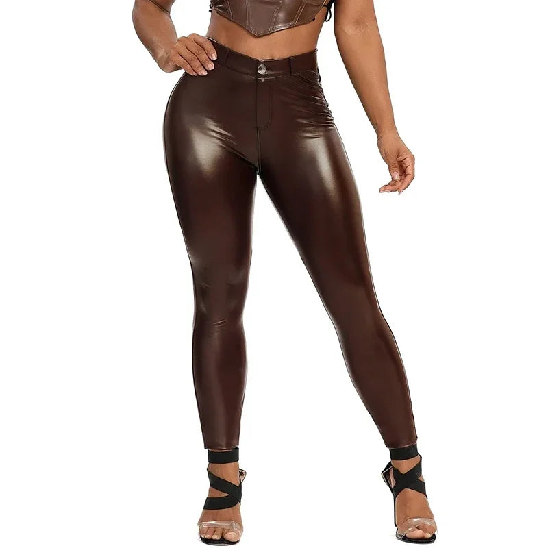 Frauen schwarze Kunstleder Leggings hohe Taille Stretch Shaping Hüfte Push-up-Hose mit Tasche Damen elastische Bodycon Yoga-Hose