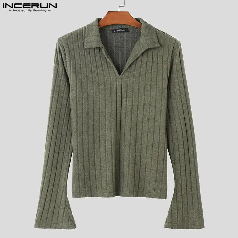 INCERUN Men T Shirt Solid Color V Neck Flare Long Sleeve Casual Men Clothing Streetwear 2024 Korean Style Fashion Tee Tops S-5XL
