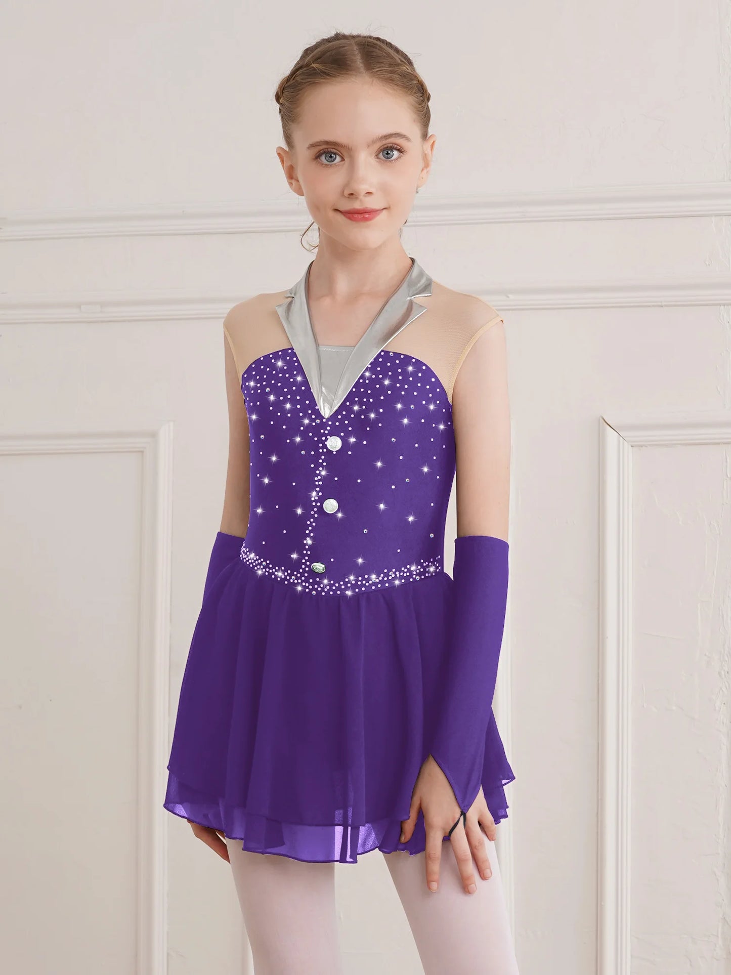 Kids Girls Figure Skating Costume Sequins Ballet Dance Dress with Fingerless Gloves Gymnastics Skirted Leotard Lyrical Dancewear