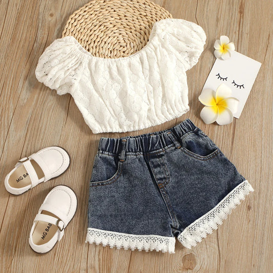 Mode Europäischen Amerikanischen Stil Baby Mädchen Kleidung Sets Spitze Top + Denim Shorts Prinzessin Anzüge Geburtstag Party Kinder Kleidung 1-6Y