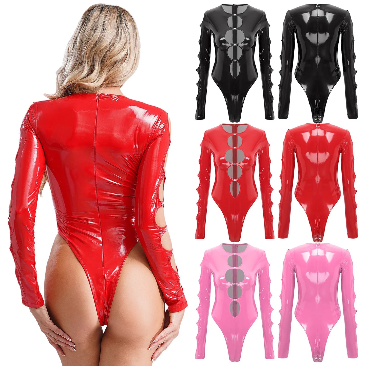 Damen Wetlook Lack leder Teddy Body suits Ausschnitt Loch ausschnitte Langarm High Cut Catsuits für Rave Party Club Dance wear