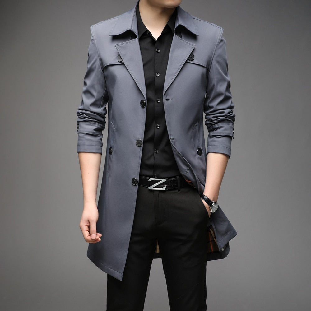 Spring Autumn Long Trench Men Fashion Business Casual Windbreaker Coat Mens Solid Single Breasted Trench Outerwear Plus Size 8Xl