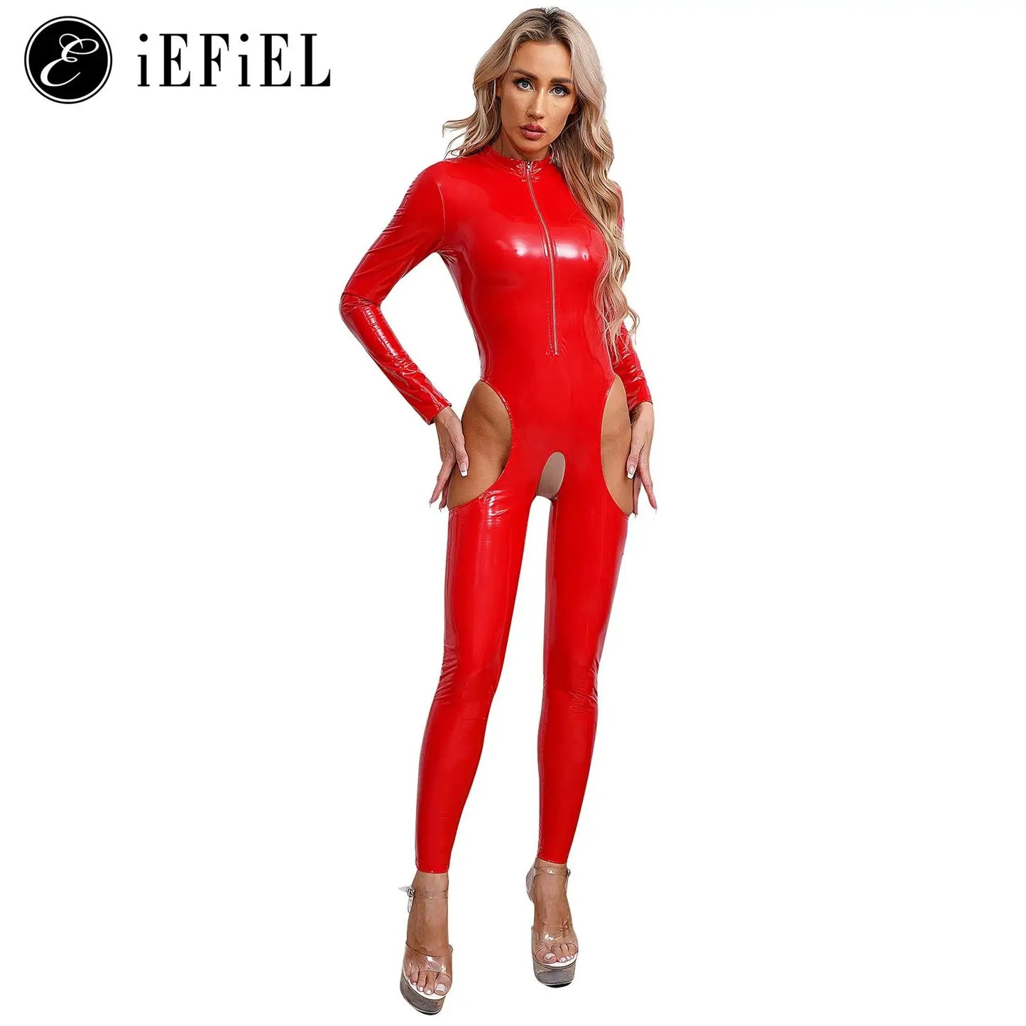 Damen Wet Look Lack leder Ausschnitt Schritt loser Overall Langarm Aushöhlen Skinny Bodysuit Catsuit Latex Clubwear