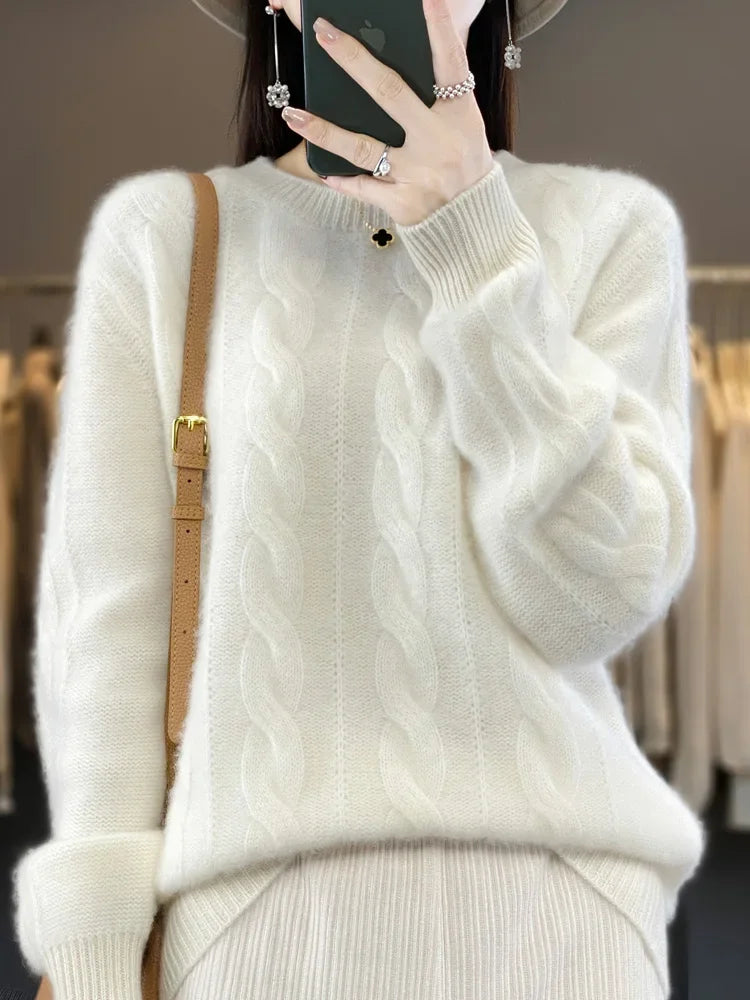 Frauen Winter Pullover 100% Merino Wolle Dicke Warme Oansatz Pullover Twist Blume Kaschmir Strickwaren Casual Koreanische Beliebte Kleidung