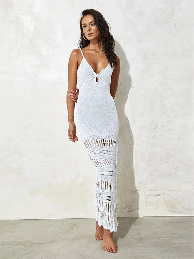 Sexy Strap V-neck White Crochet Hollow Out Lace-up Fringed Tunic Swimsuit Cover-ups Summer Mesh Strappy Beach Slip Dress A2312