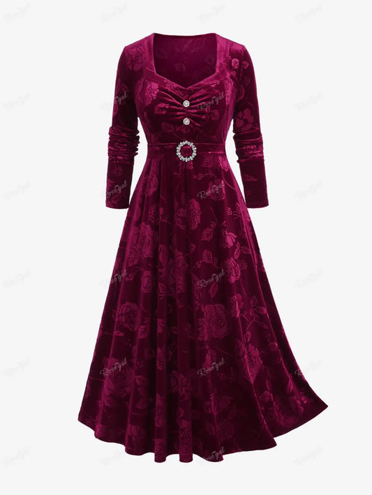 Ros gal plus Größe geraffte Strass Schnalle Samt Kleid Frauen Herbst Winter lange Ärmel Ballkleid Kleid lässig Vintage Vestido