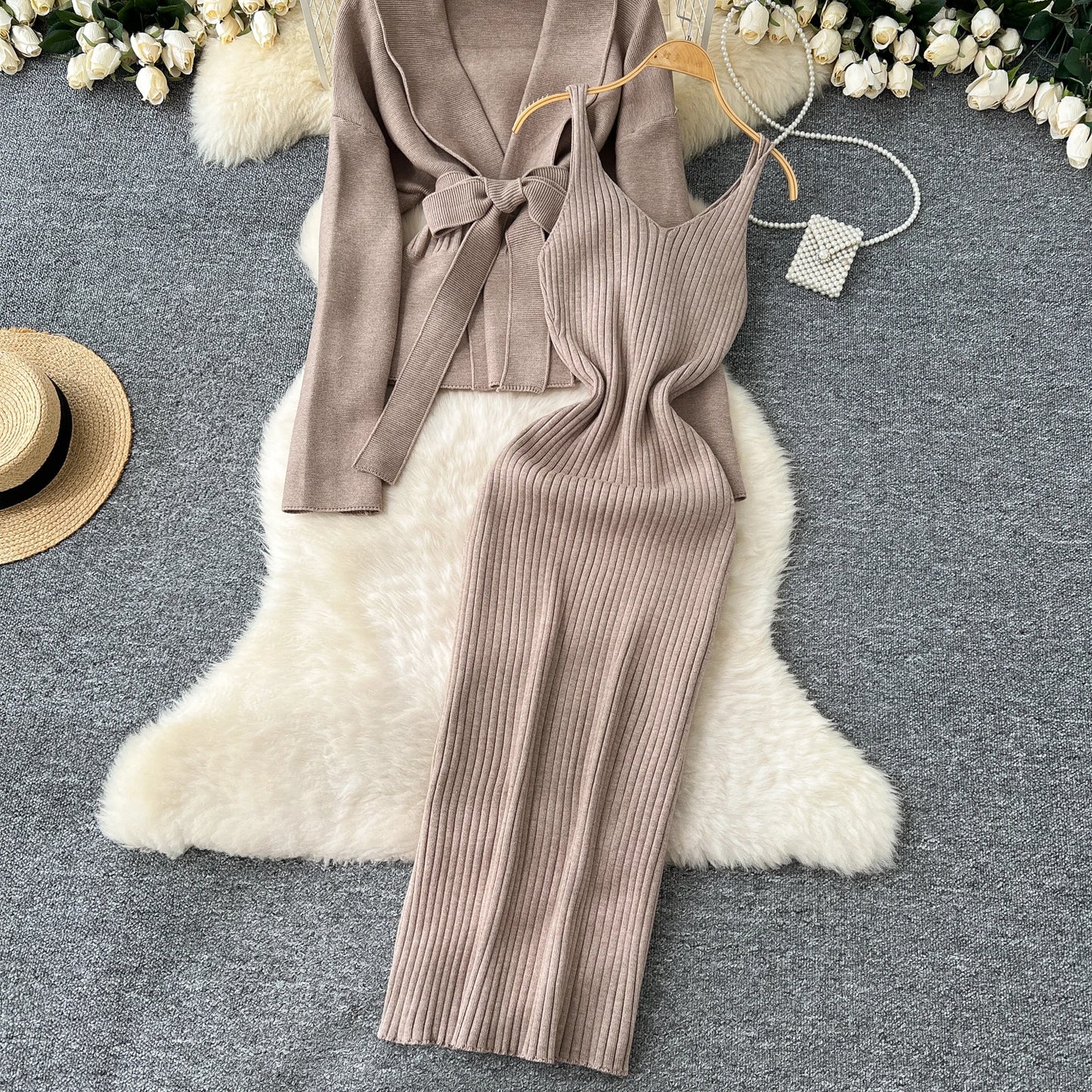 Sing reiny Herbst mode warm gestrickte Sets Schnürung schlanke Strickjacke Schlinge sexy langes Kleid Damen Bodycon feste Pullover Anzüge