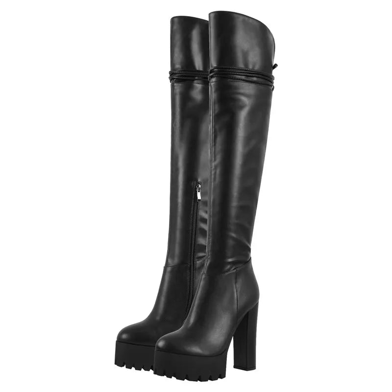 Nur Hersteller über dem Knie Stiefel Frauen schwarze Plattform High Heel Stiletto hohen Reiß verschluss plus Größe hand gefertigte Stiefel