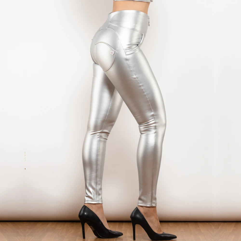 Shascull fites Melodie Silber Leder Hose mit hoher Taille und Ring reiß verschluss sexy enge Hüfte Scrunch Bum Leder Leggings