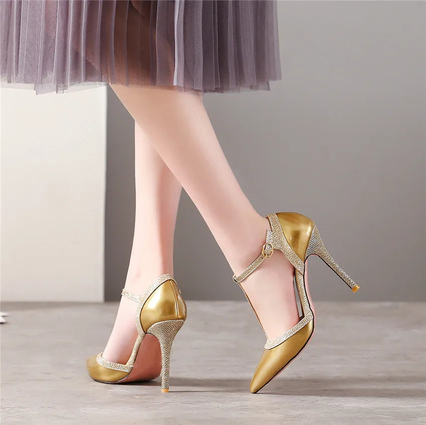 Sommer Frauen Pumps 10cm hohe dünne Ferse spitzen Zehen d'orsay Gold Silber Lack leder Party Büro Dame T-Riemen Stiletto Sandalen