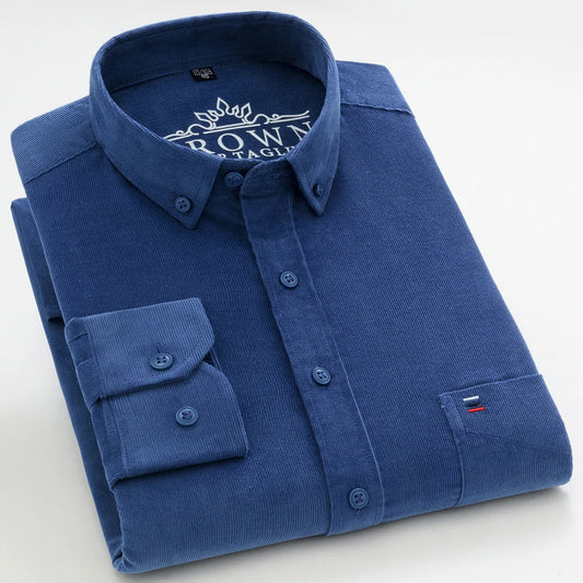 Men&#39;s Long Sleeve Soft 100% Cotton Corduroy Casual Shirt Single Patch Pocket Comfortable Standard-fit Button-down Work Shirts