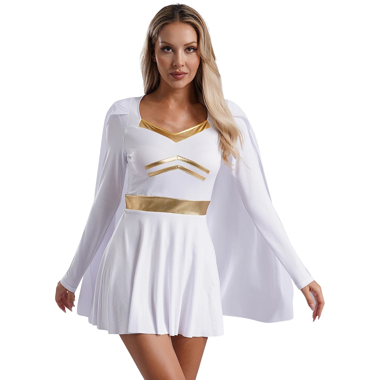 Damen Anime Charakter Kostüm Langarm Metallic Kleider mit Umhang für Halloween Cosplay Party Karneval Comic Dress Up