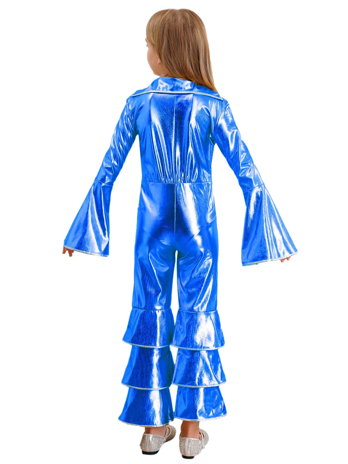 Kids Girls 70s 80s Disco Costume Metallic Flare Sleeve Ruffle Bell Bottom Jumpsuit Halloween Cosplay Funky Dancing Bodysuit