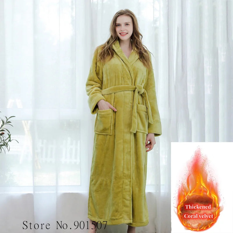 Extra lange Winter Korallen Fleece Bademantel Frauen Kapuze warme Kimono Bademantel gemütliche Kimono Dusch roben lose Peignoirs Nachthemd