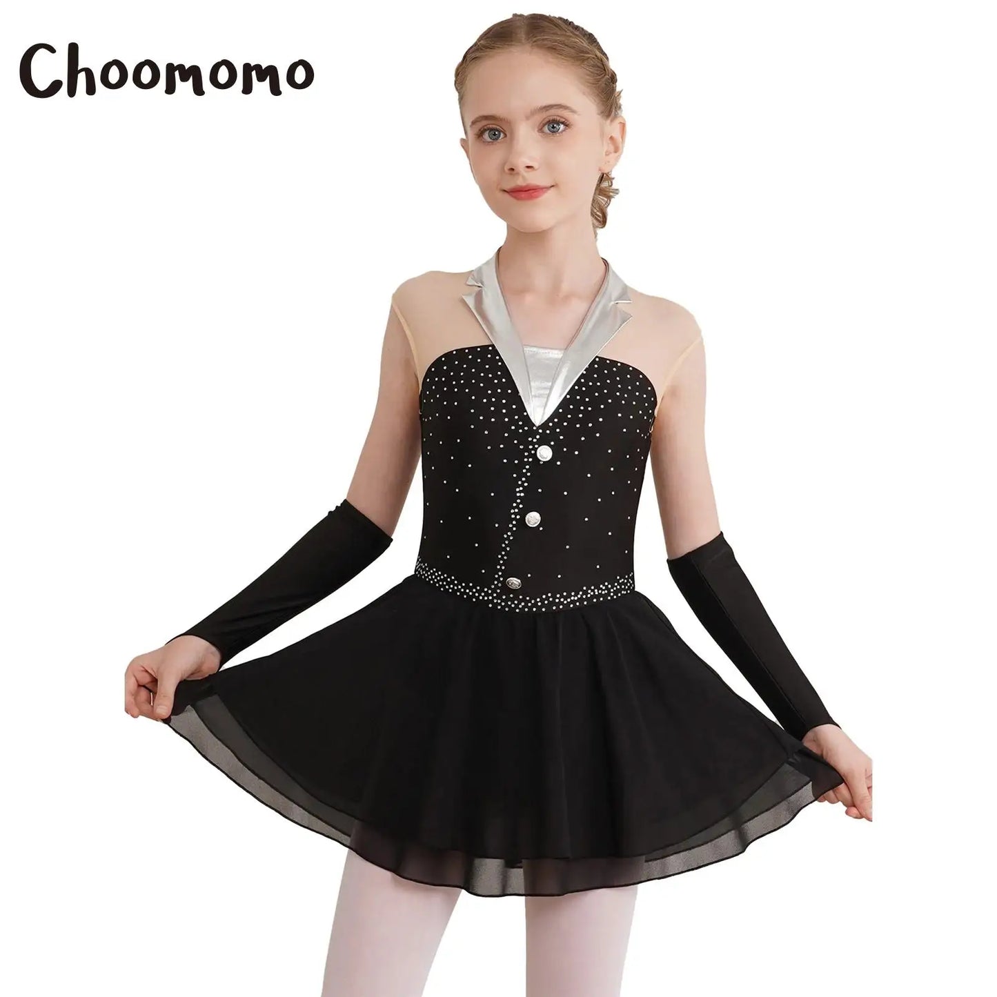 Kids Girls Figure Skating Costume Sequins Ballet Dance Dress with Fingerless Gloves Gymnastics Skirted Leotard Lyrical Dancewear