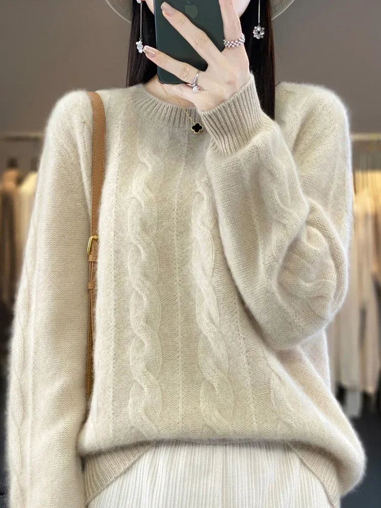 Frauen Winter Pullover 100% Merino Wolle Dicke Warme Oansatz Pullover Twist Blume Kaschmir Strickwaren Casual Koreanische Beliebte Kleidung