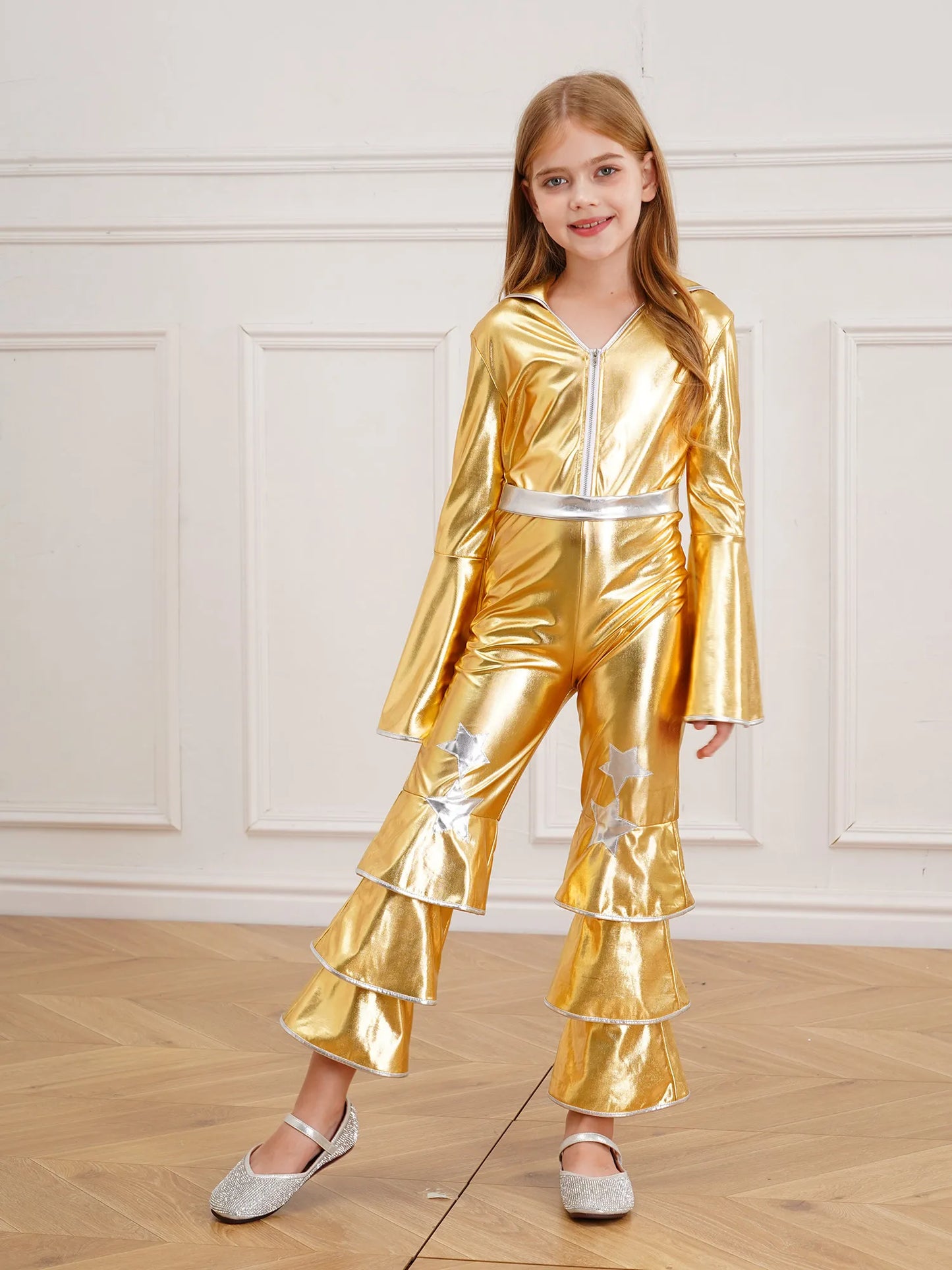 Kids Girls 70s 80s Disco Costume Metallic Flare Sleeve Ruffle Bell Bottom Jumpsuit Halloween Cosplay Funky Dancing Bodysuit