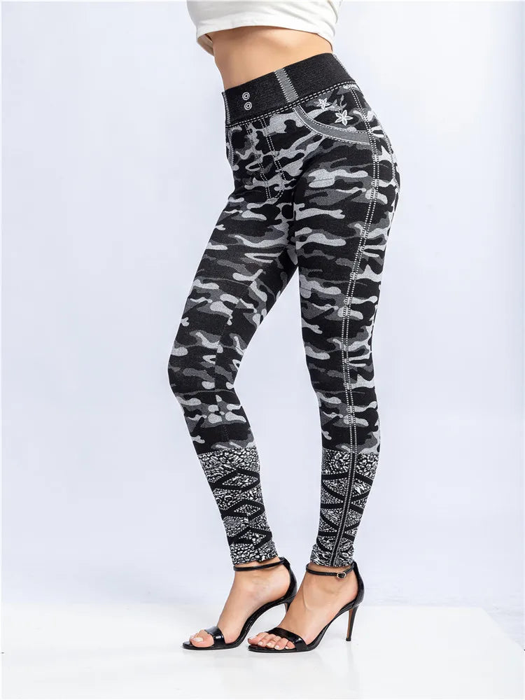 CUHAKCI Camouflage Printed Leggings Women Seamless Denim Sports High Waist Tights Workout Fitness Elastic Pants Stretch Jeggings