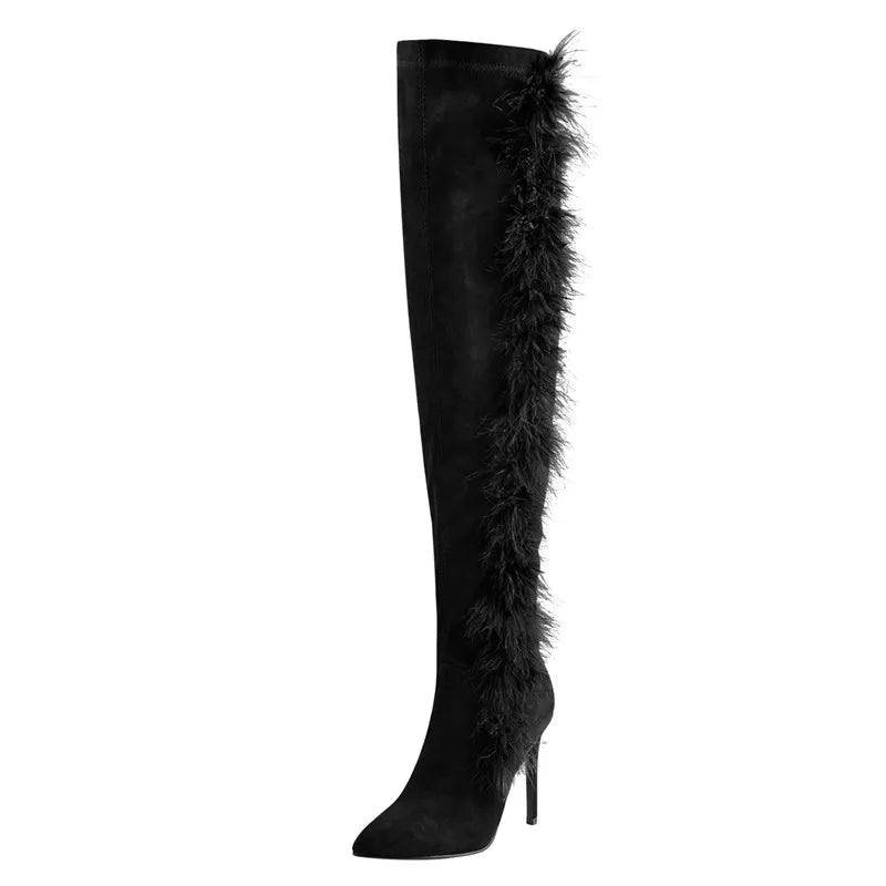 Onlymaker frauen Spitz Schwarz Wildleder Spitze Zehen Flauschigen Feder Stiletto High Heel Über Das Knie Mode Stiefel