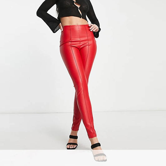 Women Elastic Mid Waist Leather Pencil Pants Casual England Style PU Faux Leather Leggings Trousers Fashion Slim Custom 2024