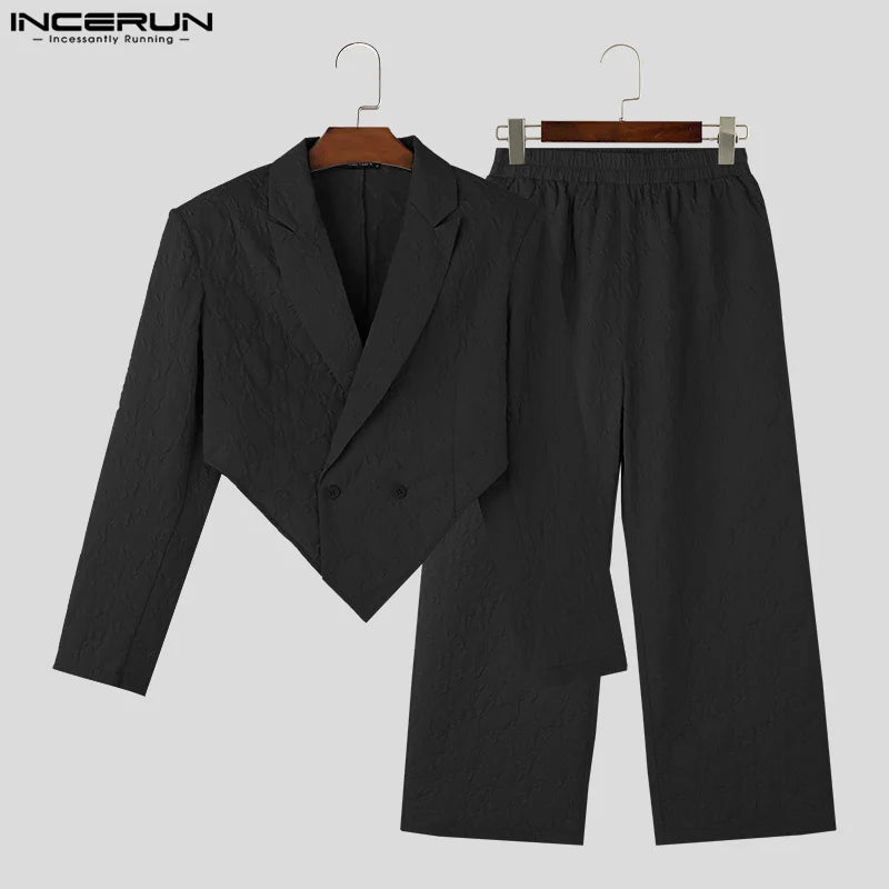 INCERUN Men's Sets Solid Streetwear Lapel Long Sleeve Irregular Blazer & Pants Two Pieces Sets 2024 Loose Fashion Men's Suits