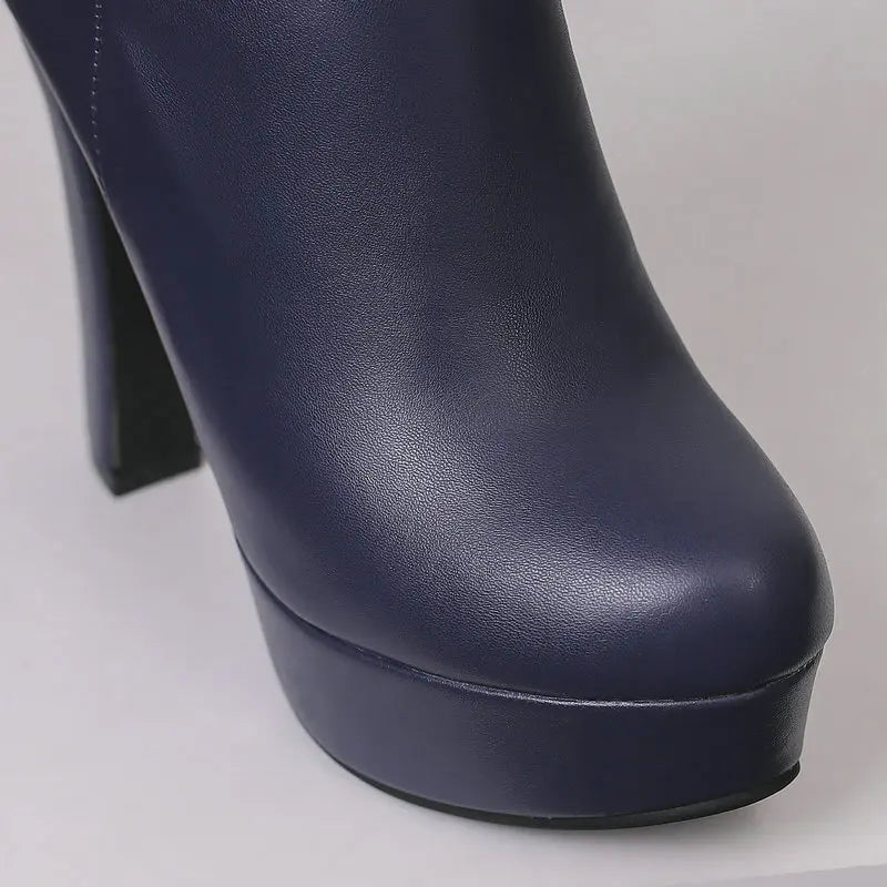 2024 Frauen Stiefeletten Plattform quadratische High Heel Damen kurze Stiefel Pu Leder runde Zehen Reiß verschluss Mode Kleid Frauen Stiefel