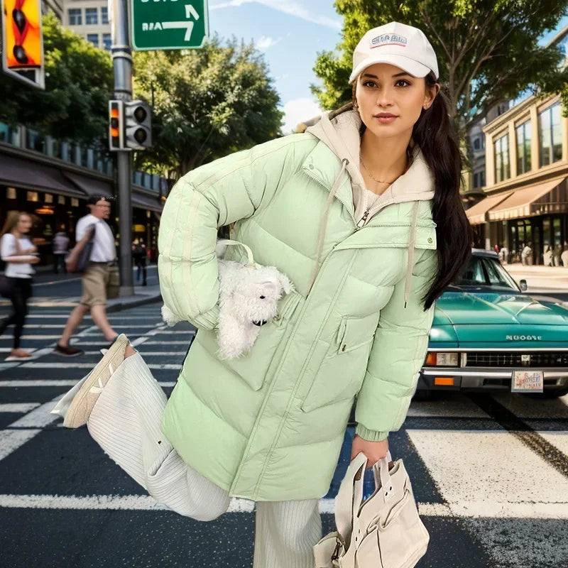 2024 Winter Women's Padded Jacket New Contrast Medium Long Fake Two Piece Down Cotton Jacket Female Hooded Casual Parkas Coats